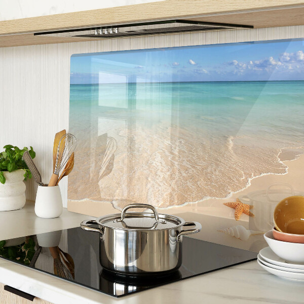 Tagliere in vetro temperato con motivo spiaggia con conchiglie e onde