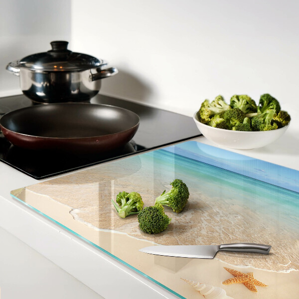 Tagliere in vetro temperato con motivo spiaggia con conchiglie e onde