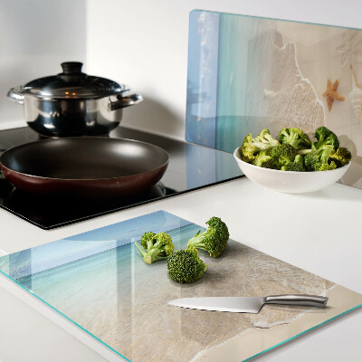 Tagliere in vetro temperato con motivo spiaggia con conchiglie e onde