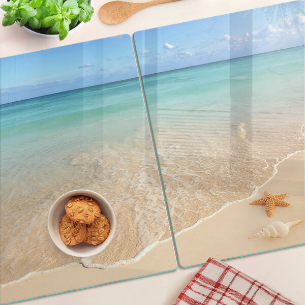 Tagliere in vetro temperato con motivo spiaggia con conchiglie e onde