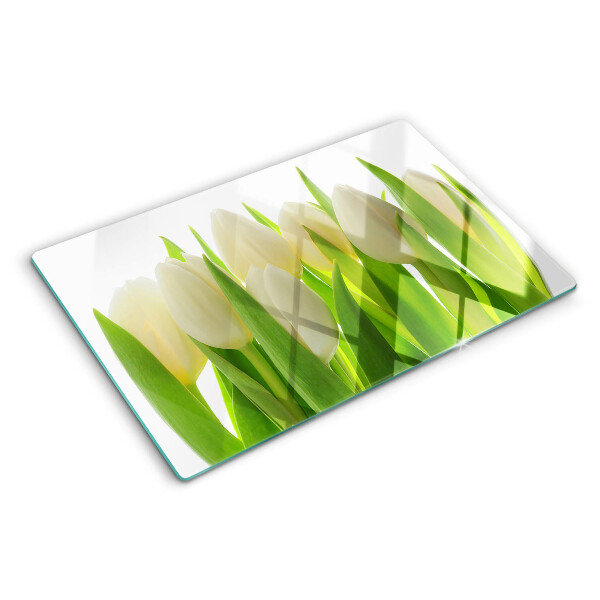 Tagliere in vetro temperato con stampa di tulipani su sfondo di foglie verdi