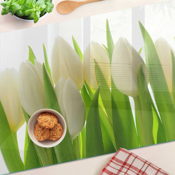 Tagliere in vetro temperato Tulipani sullo sfondo di foglie verdi