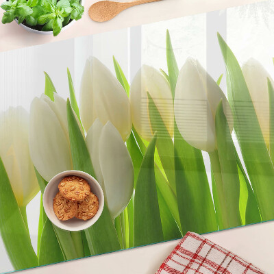 Tagliere in vetro temperato con stampa di tulipani su sfondo di foglie verdi