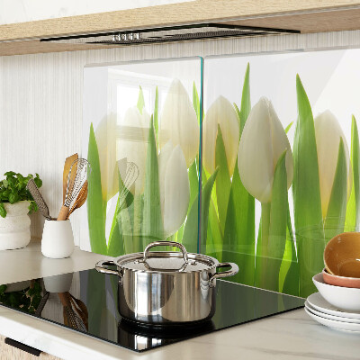 Tagliere in vetro temperato Tulipani sullo sfondo di foglie verdi