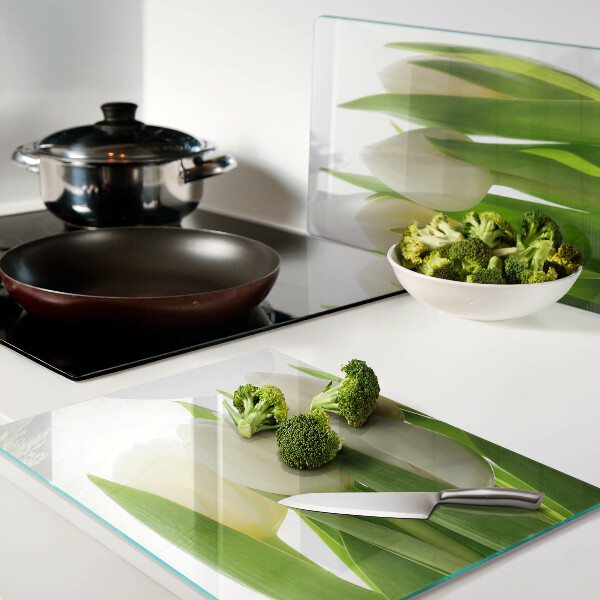 Tagliere in vetro temperato con stampa di tulipani su sfondo di foglie verdi