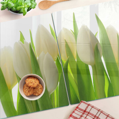 Tagliere in vetro temperato Tulipani sullo sfondo di foglie verdi
