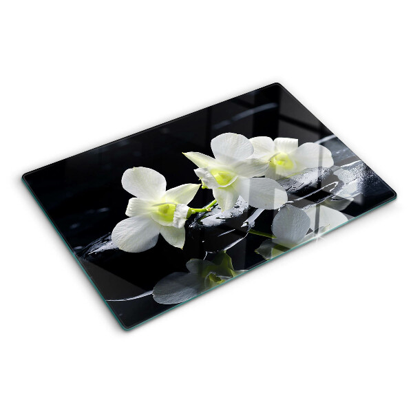 Tagliere in vetro temperato con motivo di orchidee su sfondo nero