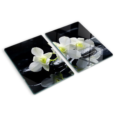 Tagliere in vetro temperato con motivo di orchidee su sfondo nero