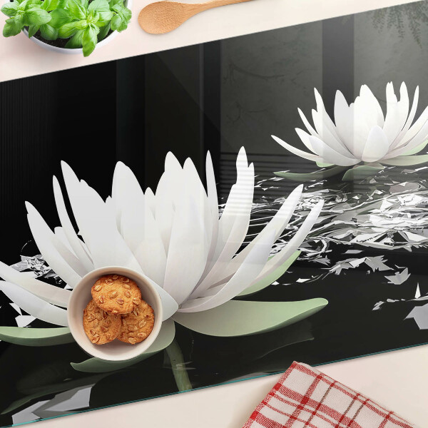 Tagliere in vetro temperato con motivo di ninfee su sfondo nero