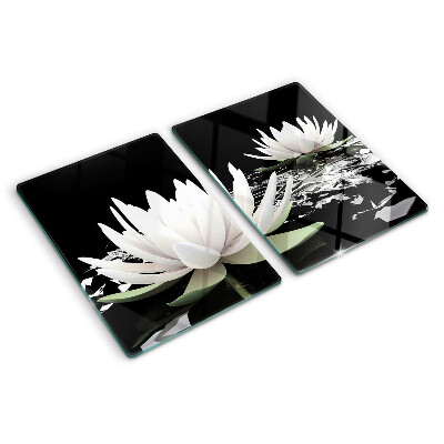 Tagliere in vetro temperato con motivo di ninfee su sfondo nero