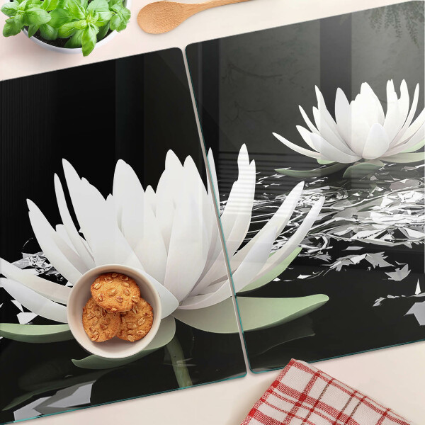 Tagliere in vetro temperato con motivo di ninfee su sfondo nero