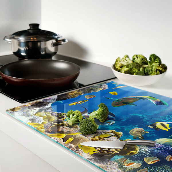 Tagliere in vetro con motivo del mondo sottomarino della barriera corallina
