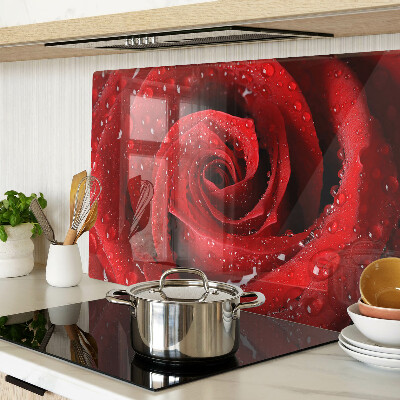 Tagliere in vetro con stampa di rose rosse e gocce d'acqua