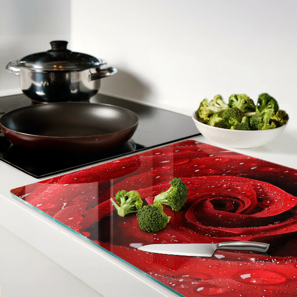 Tagliere in vetro Rosa rossa con gocce d'acqua
