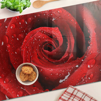 Tagliere in vetro con stampa di rose rosse e gocce d'acqua