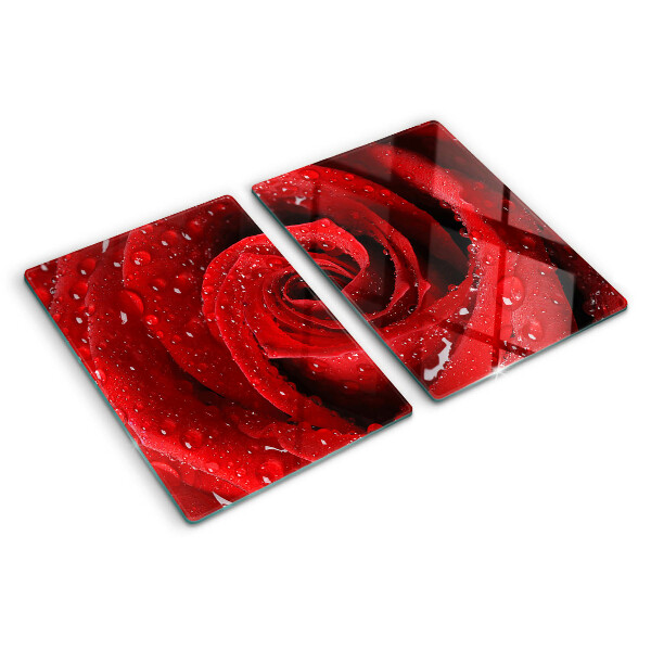 Tagliere in vetro con stampa di rose rosse e gocce d'acqua