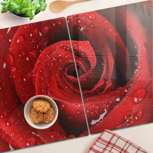Tagliere in vetro con stampa di rose rosse e gocce d'acqua