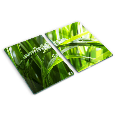 Tagliere in vetro temperato con stampa a motivo di gocce d'acqua sull'erba