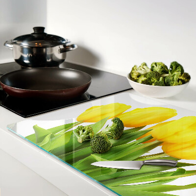 Tagliere in vetro temperato con stampa di tulipani gialli su sfondo verde
