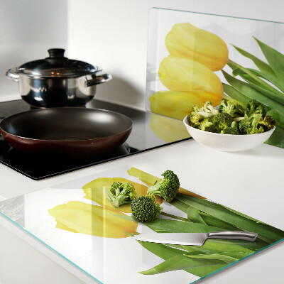 Tagliere in vetro temperato con stampa di tulipani gialli su sfondo verde