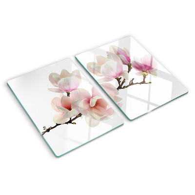 Tagliere in vetro con decorazione con fiori di magnolia su ramo