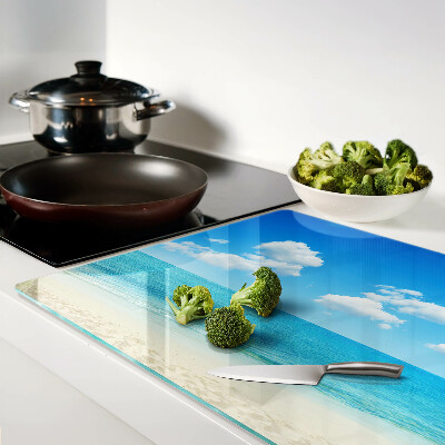 Tagliere in vetro temperato con stampa a tema spiaggia e cielo azzurro