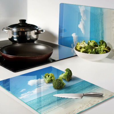 Tagliere in vetro temperato con stampa a tema spiaggia e cielo azzurro