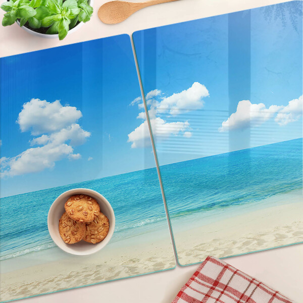 Tagliere in vetro temperato con stampa a tema spiaggia e cielo azzurro