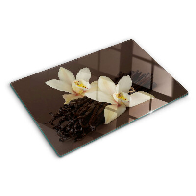 Tagliere in vetro temperato con motivo di orchidee e baccelli di vaniglia