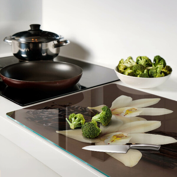 Tagliere in vetro temperato con motivo di orchidee e baccelli di vaniglia