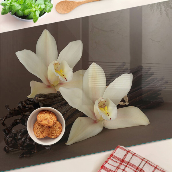 Tagliere in vetro temperato con motivo di orchidee e baccelli di vaniglia