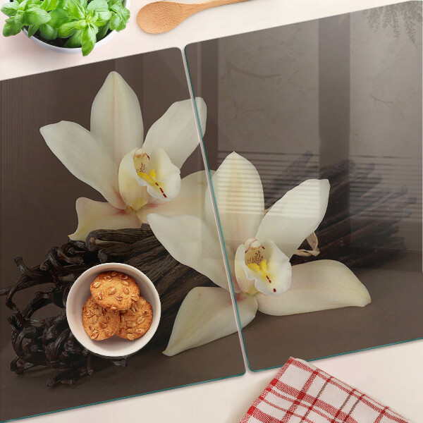 Tagliere in vetro temperato con motivo di orchidee e baccelli di vaniglia