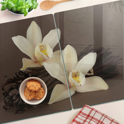 Tagliere in vetro temperato con motivo di orchidee e baccelli di vaniglia