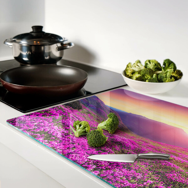 Tagliere in vetro temperato con stampa di paesaggio floreale al tramonto
