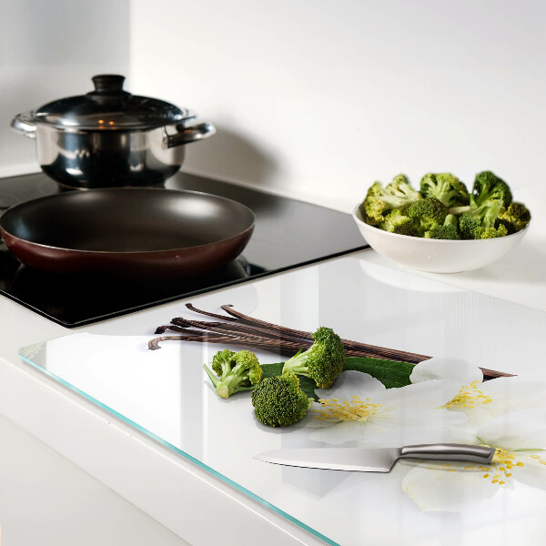 Tagliere in vetro temperato con decorazione a fiori e baccelli di vaniglia