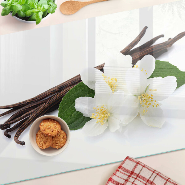 Tagliere in vetro temperato con decorazione a fiori e baccelli di vaniglia