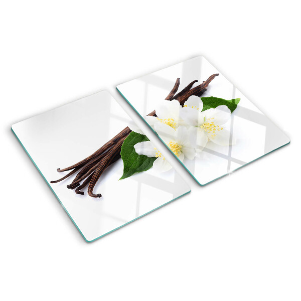 Tagliere in vetro temperato con decorazione a fiori e baccelli di vaniglia