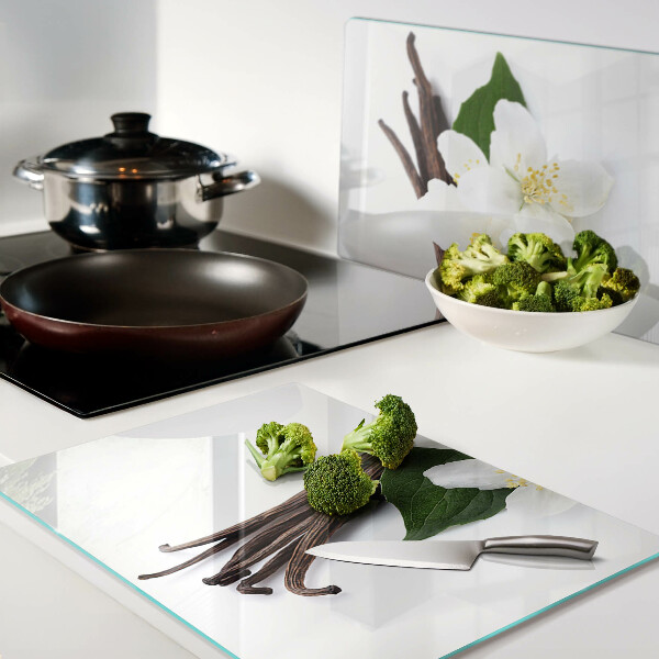 Tagliere in vetro temperato con decorazione a fiori e baccelli di vaniglia