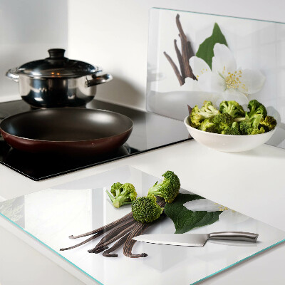 Tagliere in vetro temperato con decorazione a fiori e baccelli di vaniglia