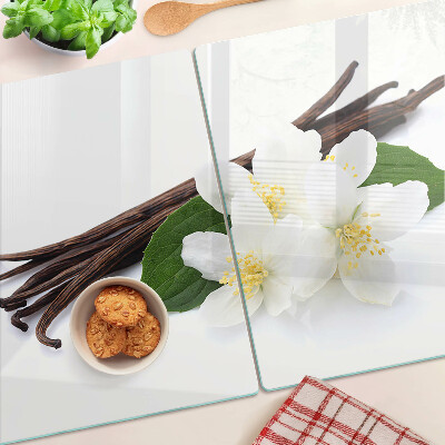 Tagliere in vetro temperato con decorazione a fiori e baccelli di vaniglia