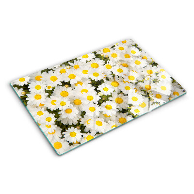 Tagliere in vetro temperato con motivo di margherite su sfondo bianco