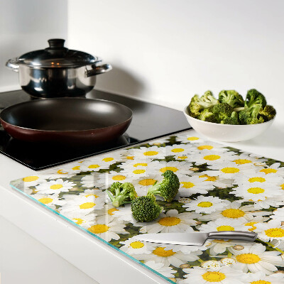 Tagliere in vetro temperato con motivo di margherite su sfondo bianco