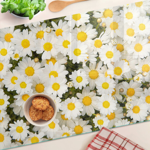 Tagliere in vetro temperato con motivo di margherite su sfondo bianco