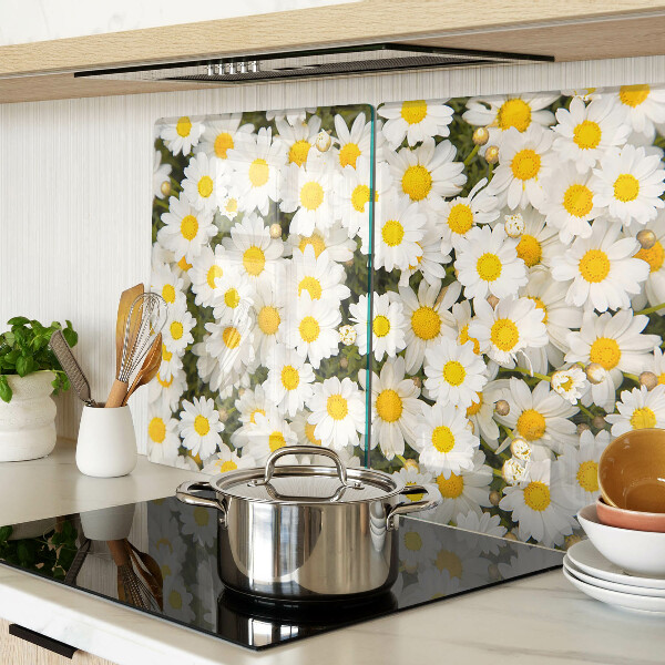 Tagliere in vetro temperato con motivo di margherite su sfondo bianco