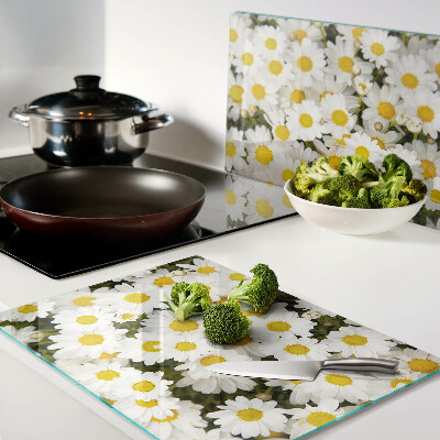 Tagliere in vetro temperato con motivo di margherite su sfondo bianco