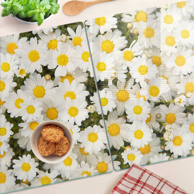 Tagliere in vetro temperato con motivo di margherite su sfondo bianco