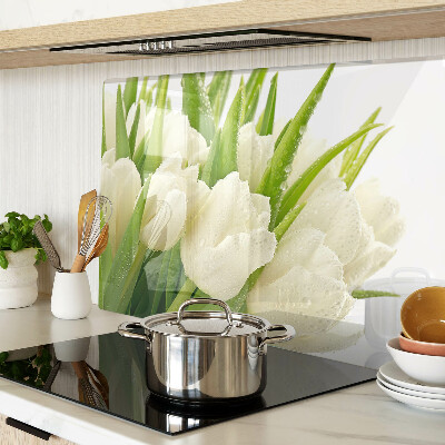 Tagliere in vetro temperato con motivo di tulipani e gocce d'acqua