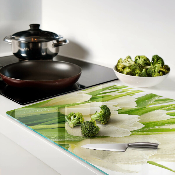 Tagliere in vetro temperato con motivo di tulipani e gocce d'acqua