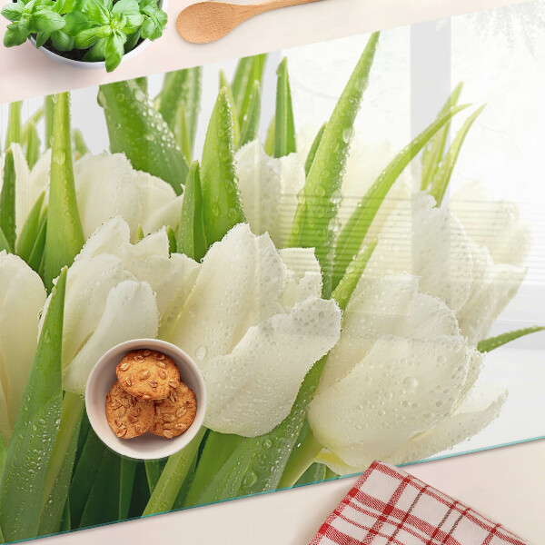 Tagliere in vetro temperato con motivo di tulipani e gocce d'acqua