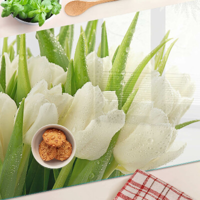 Tagliere in vetro temperato con motivo di tulipani e gocce d'acqua